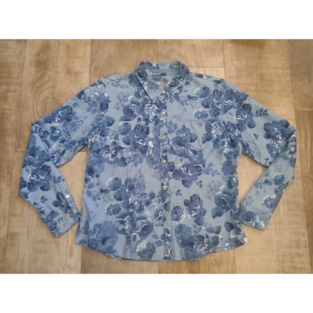 Crazy Horse Liz Claiborne Corduroy Floral Button Down Shirt Blue Cottagecore L